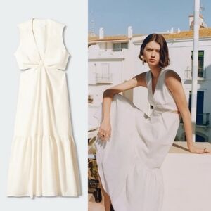 MANGO MNG Ivory Knot Dress w/Side Cuts Openings Ruffle Hem sz 6 100% Cotton EUC